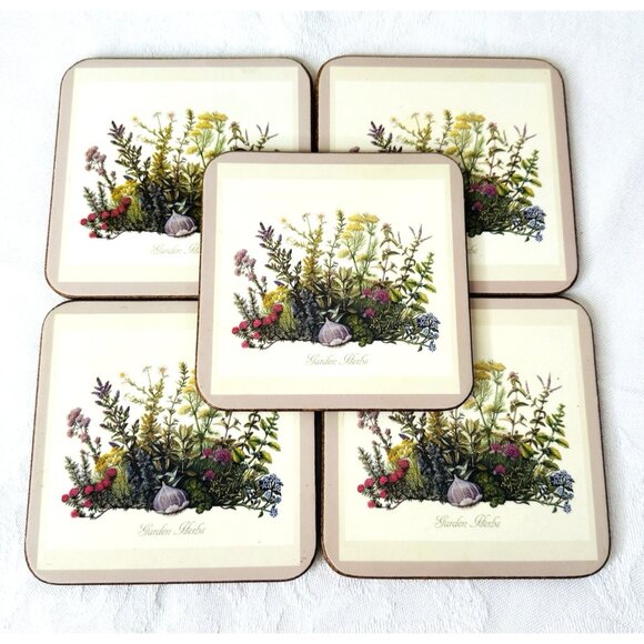 Pimpernel De Luxe Garden Herbs Coasters Set of 5 Garlic Rosemary Thyme Cork 4” - Picture 1 of 10